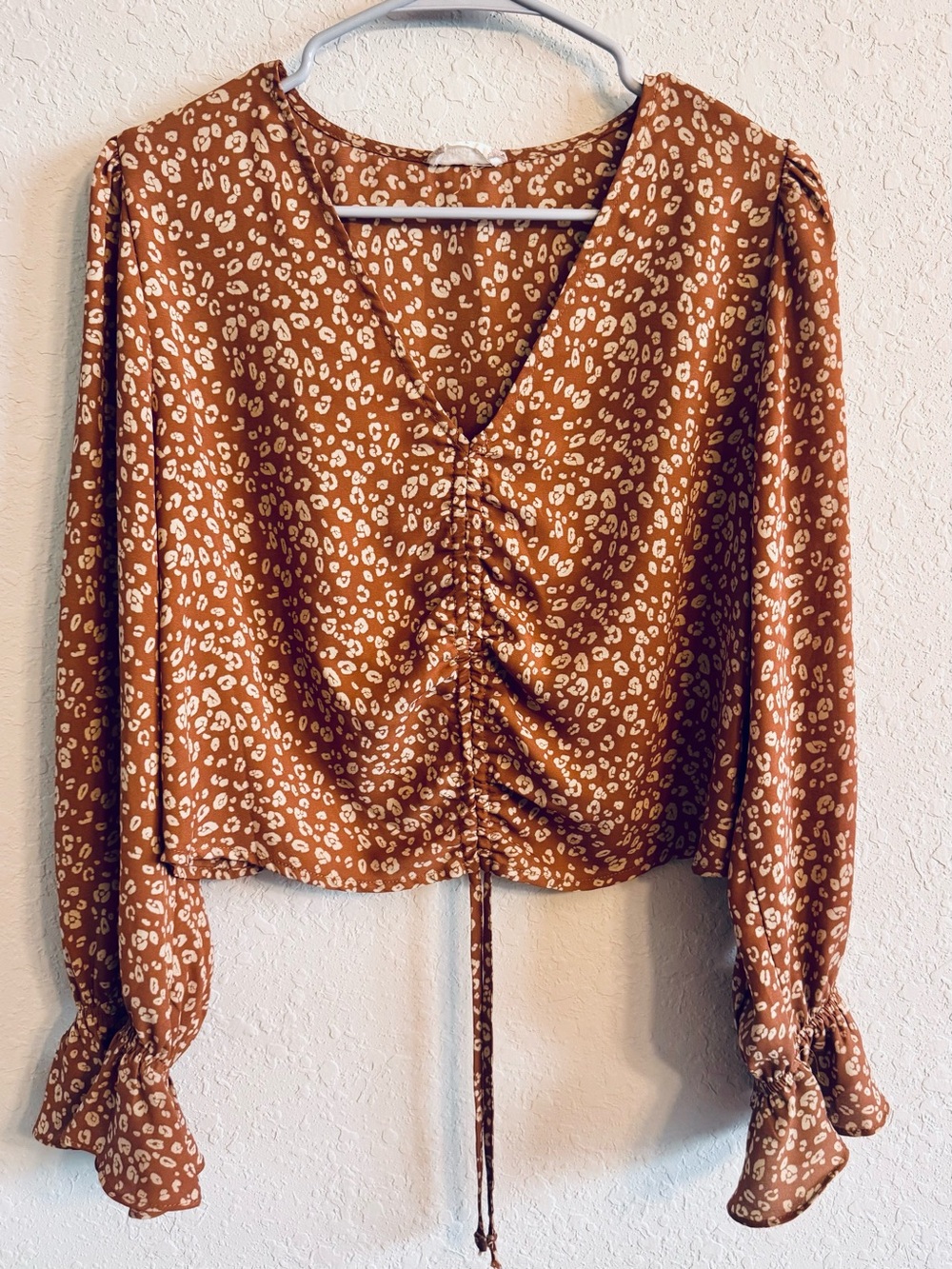 Altar'd State Brown and Cream Ruched V-Neck Long Sleeve Blouse